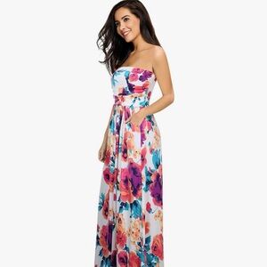 Floral Strapless Maxi Dress in White with Pink & Blue Blooms